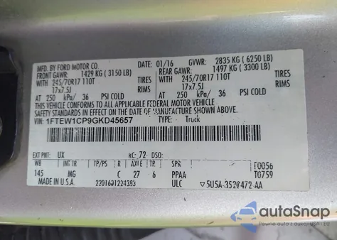 2016 Ford F150 Xlt from USA, damaged, VIN 1FTEW1CP9GKD45657